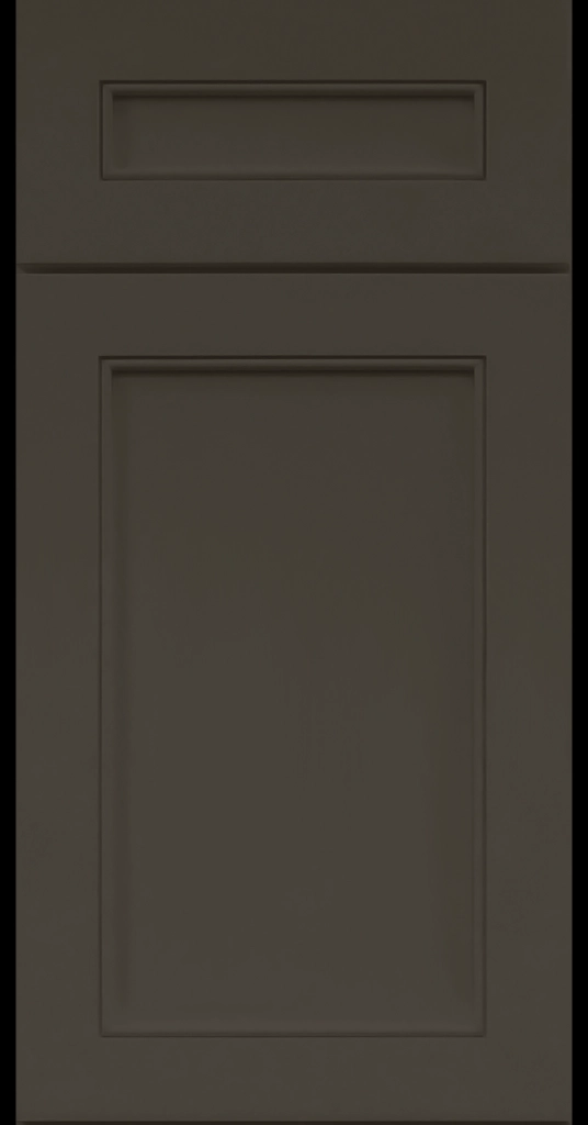 Alpine-style mitered shaker cabinet in Urbane Bronze with a flat center panel and inside bead detail.